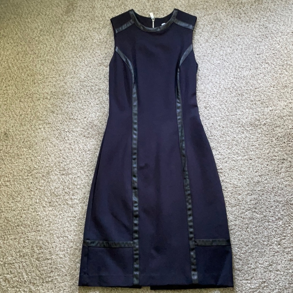 Navy dress with faux leather trim
